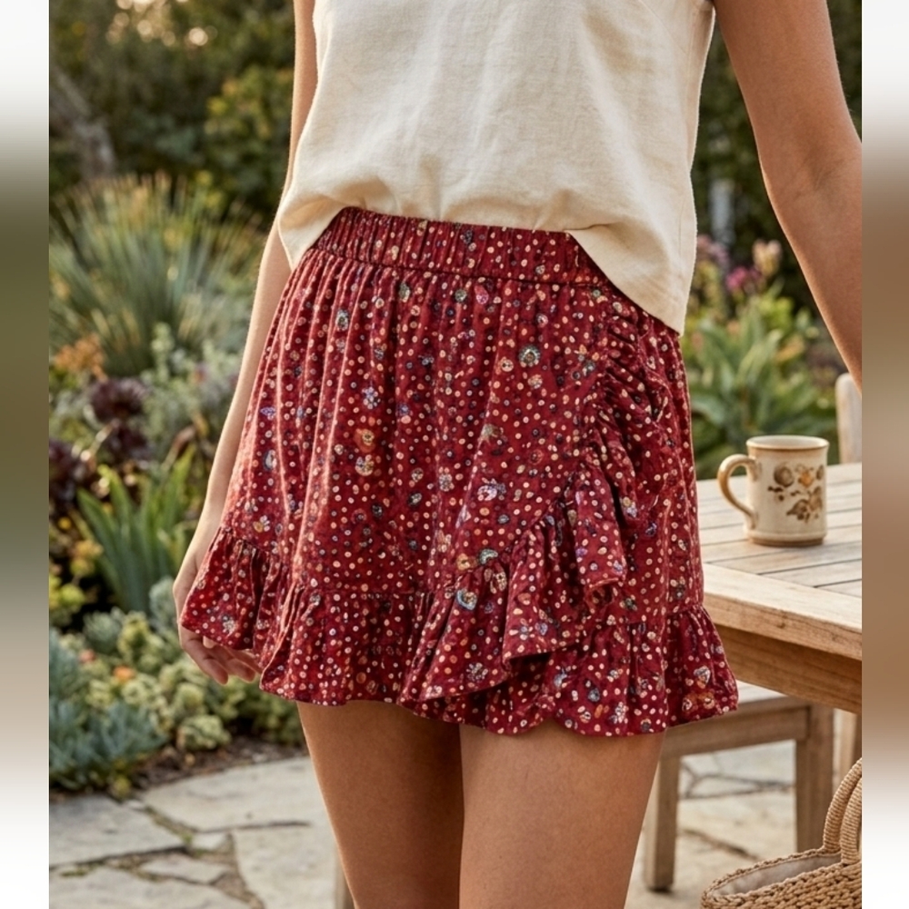 American Eagle AE Red Floral Bohemian Ruffled Skort XS